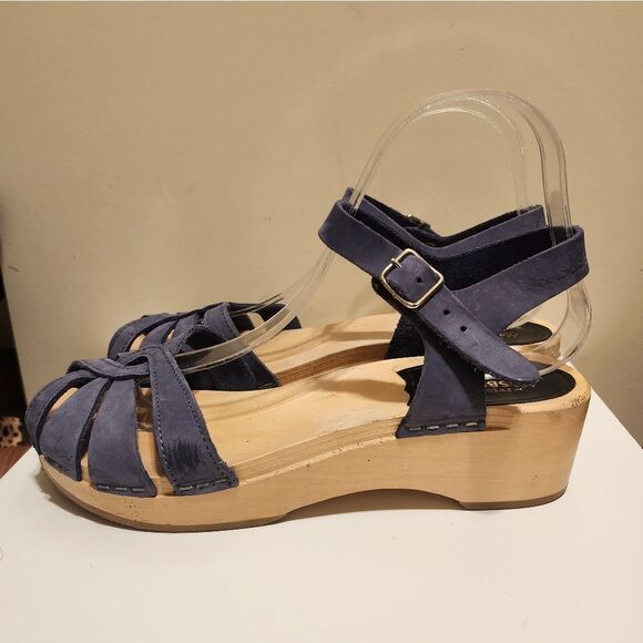 Swedish Hasbeens Blue Braided Leather Strappy Open Toe Clogs Sz.7/37 Ret. $269 - Picture 4 of 10